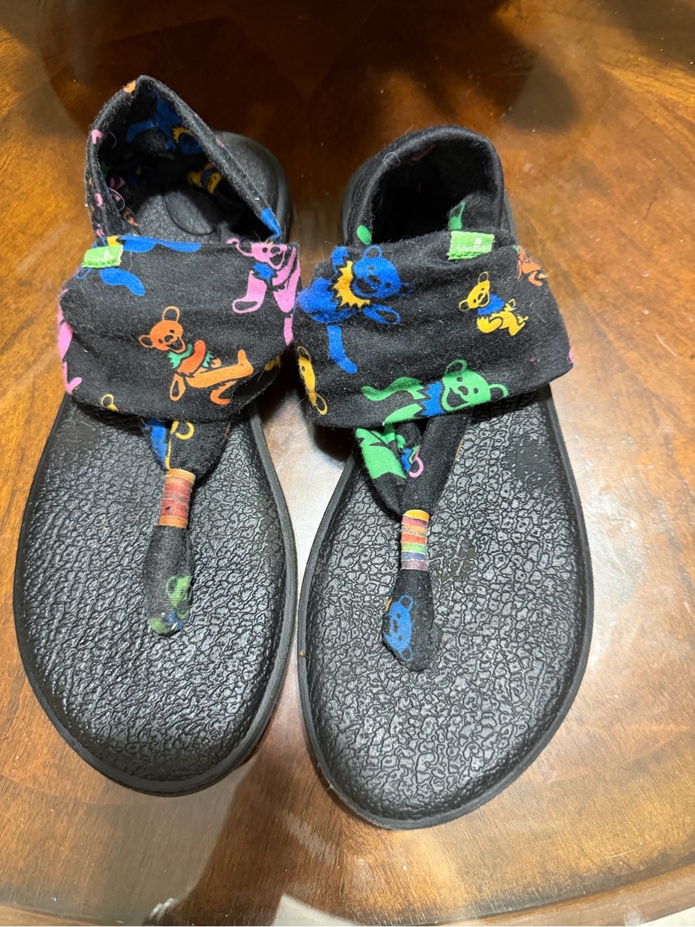 Sanuk Black Sandals with Multicolor Bear Print